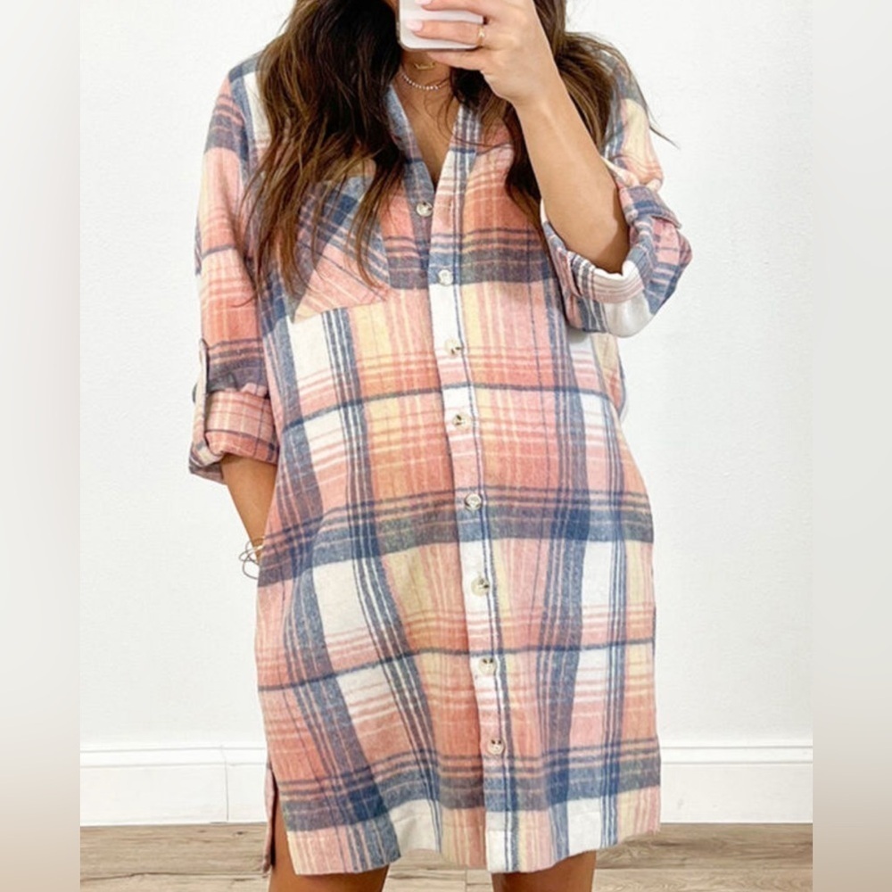 Pink and Blue Plaid Button Down Shacket Flannel-Feel Cozy. Shirt